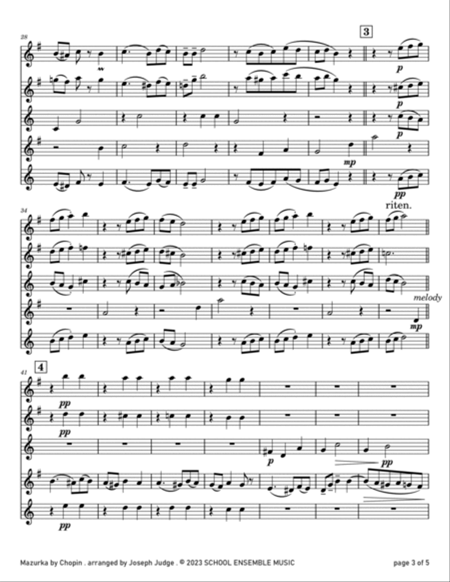 Mazurka by Chopin for Saxophone Quartet in Schools Saxophone Quartet scores gallery preview page 3