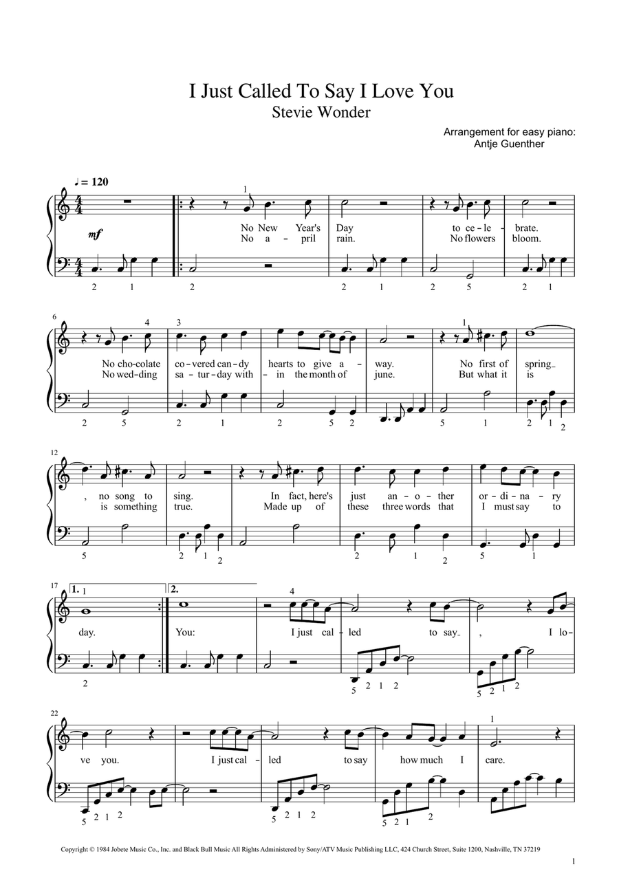 I Just Called To Say I Love You Easy Piano scores gallery preview page 1
