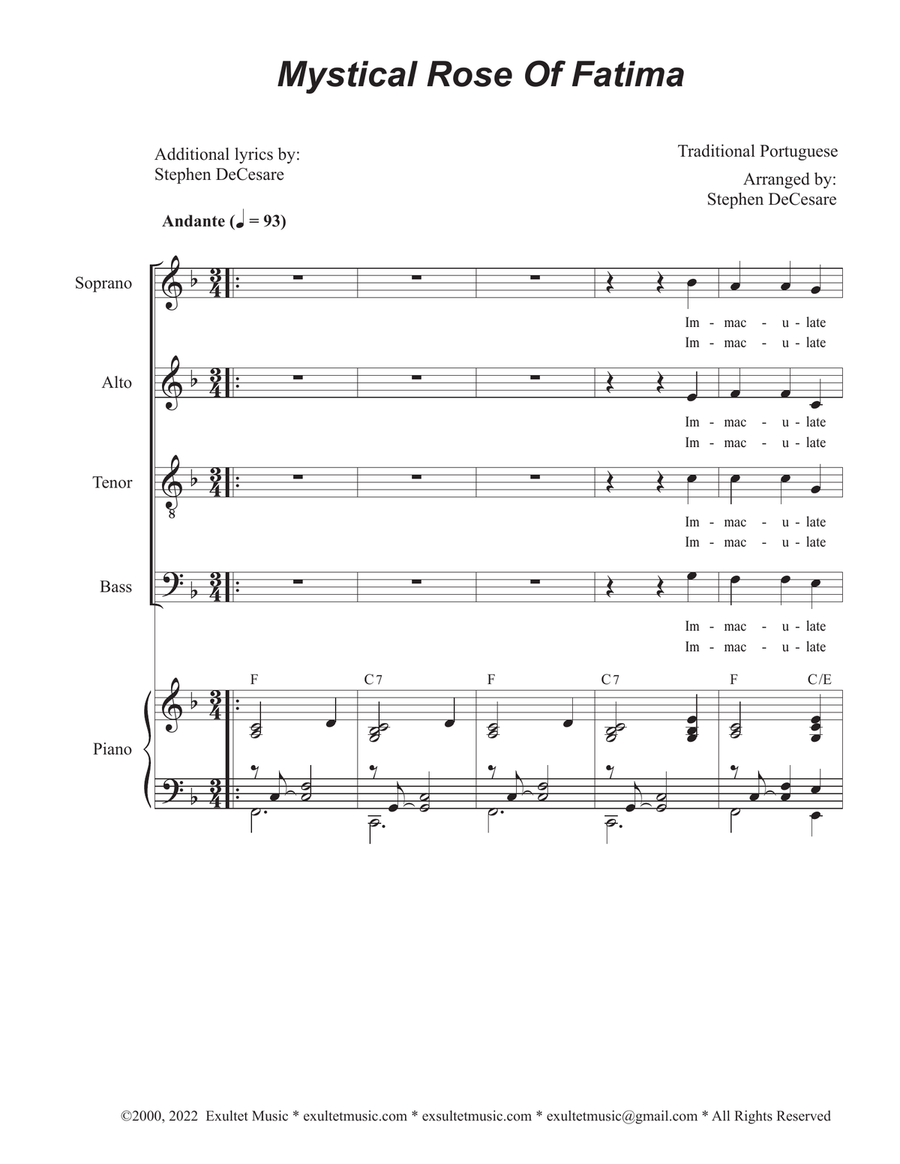 Mystical Rose Of Fatima (Vocal Quartet - (SATB) 4-Part scores gallery preview page 1