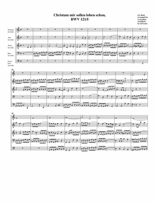 Book cover for Coro: Christum mir sollen loben schon from Cantata BWV 121 (arrangement for 5 recorders)
