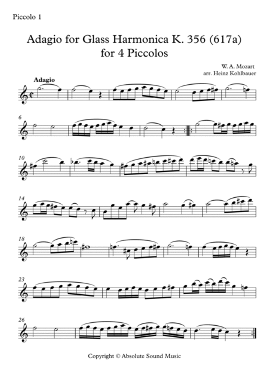 Adagio for Glass Harmonica K. 356 (617) for 4 Piccolos - Adagio für Glasharmonika für 4 Piccoli Woodwind Quartet scores gallery preview page 4