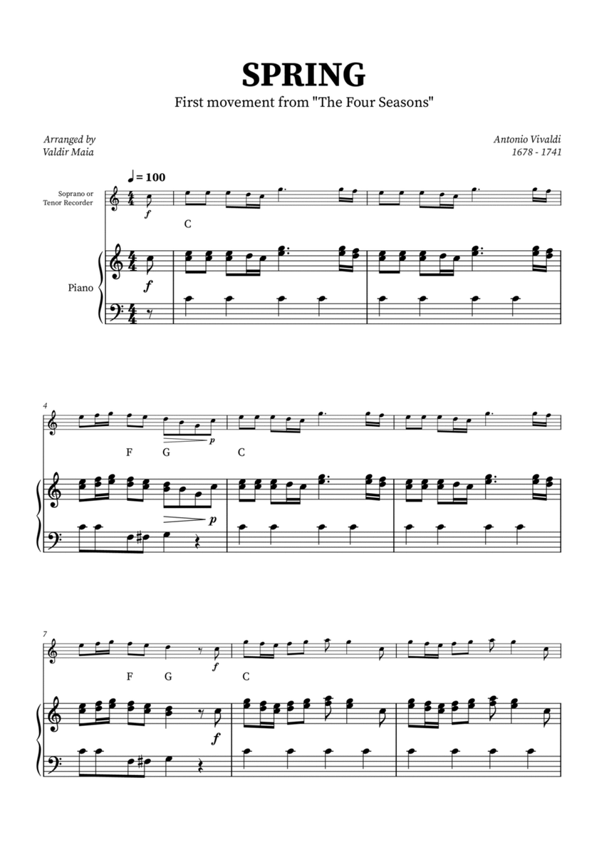 Spring - The Four Seasons for Tenor Recorder with Piano Accompaniment (+ CHORDS) image number null