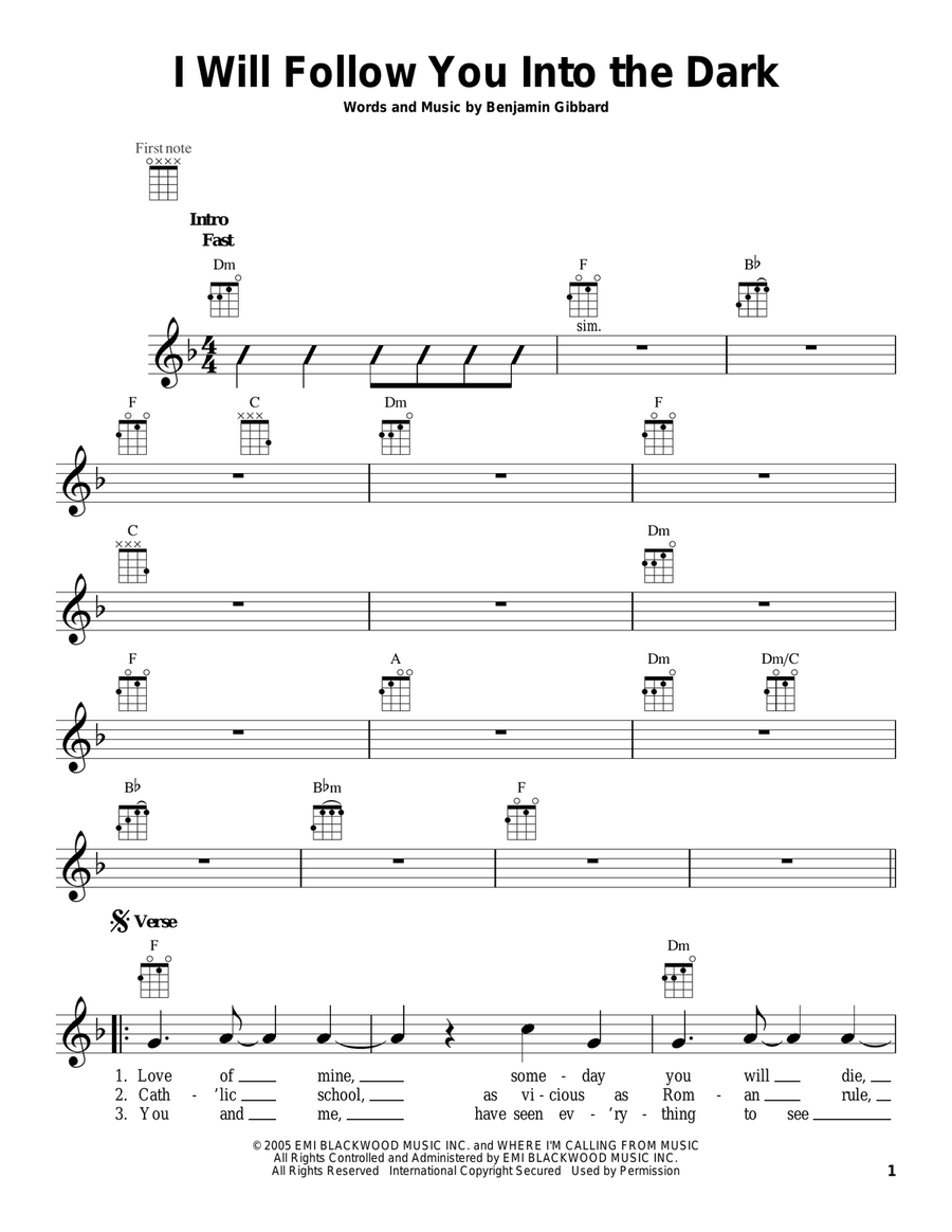 I Will Follow You Into The Dark Ukulele scores gallery preview page 1