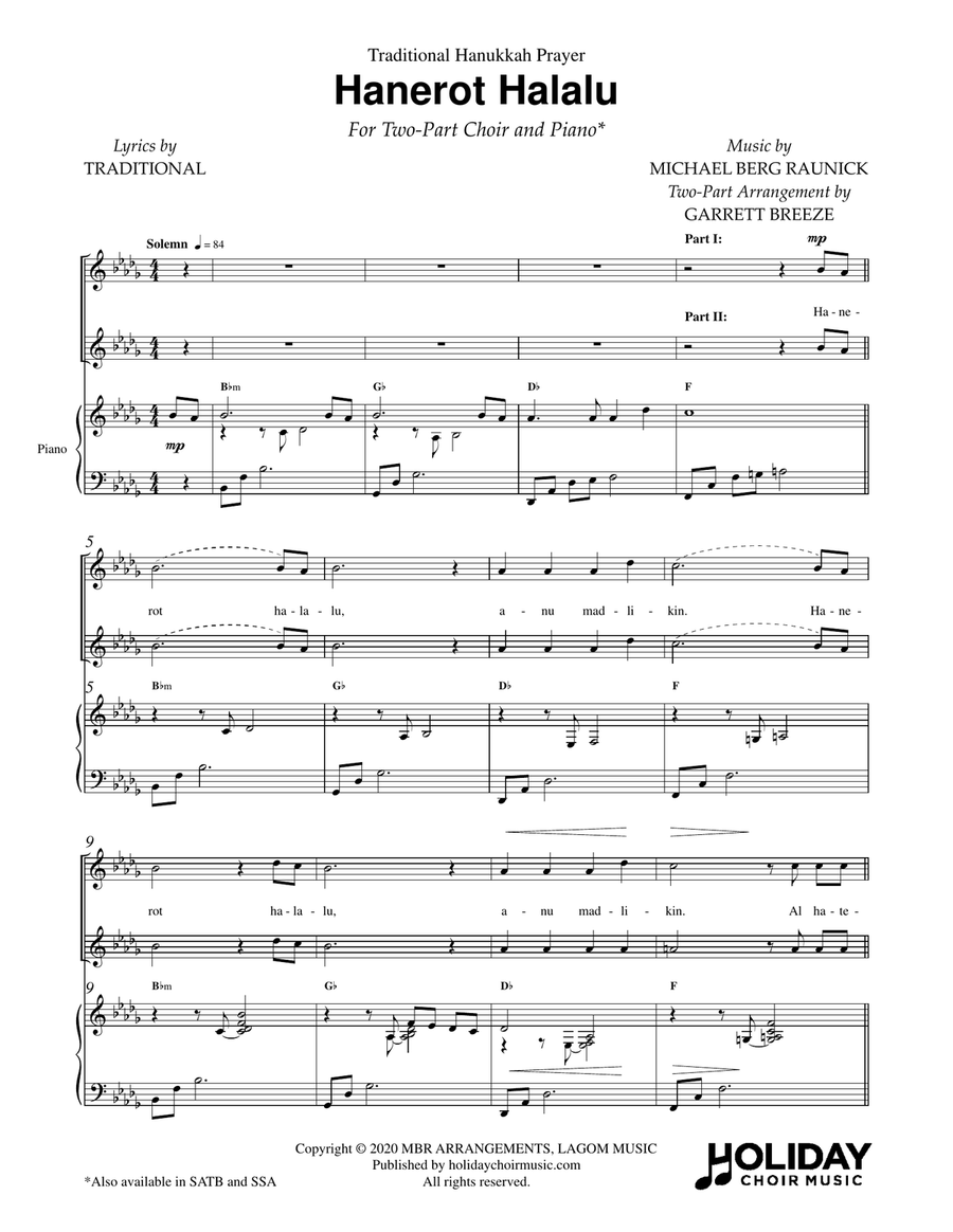 Hanerot Halalu (Two-Part Choir) 2-Part scores gallery preview page 2