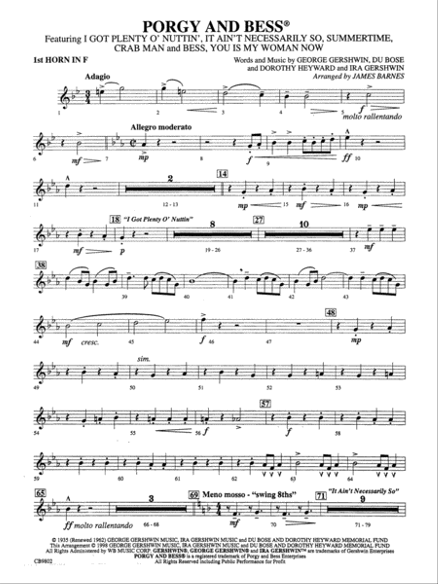 Porgy and Bess® (Medley): 1st F Horn Concert Band scores gallery preview page 1