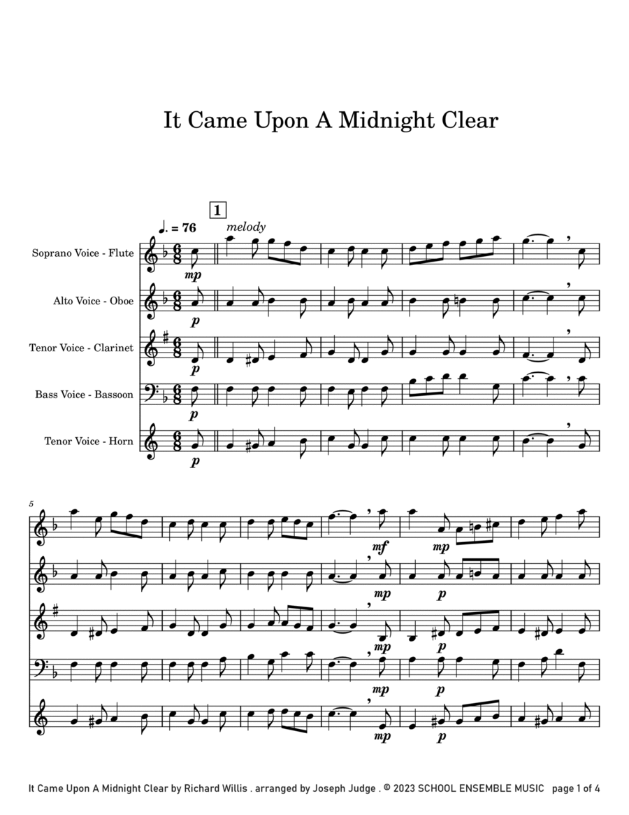 It Came Upon A Midnight Clear for Woodwind Quartet in Schools image number null