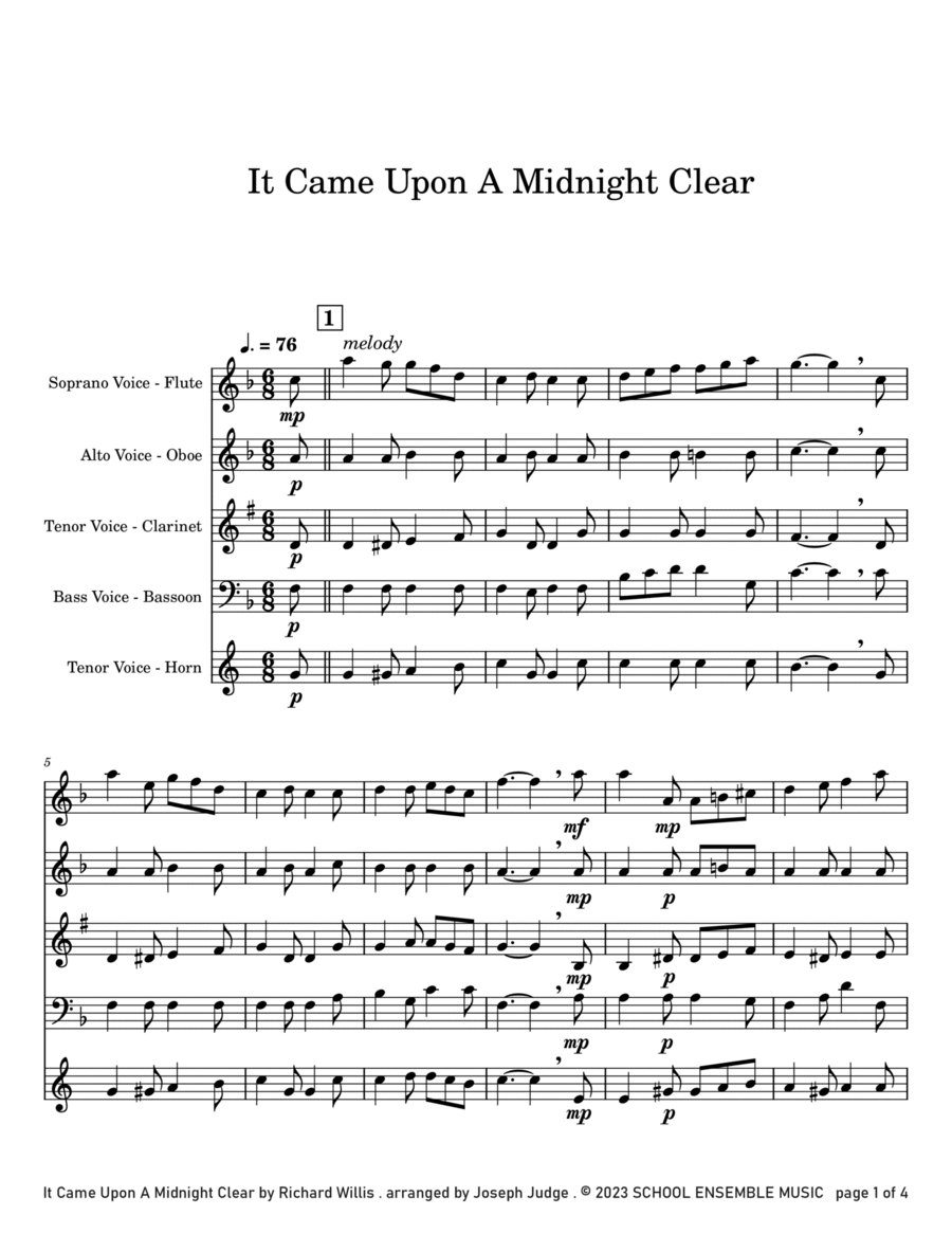 It Came Upon A Midnight Clear for Woodwind Quartet in Schools Woodwind Quartet scores gallery preview page 1
