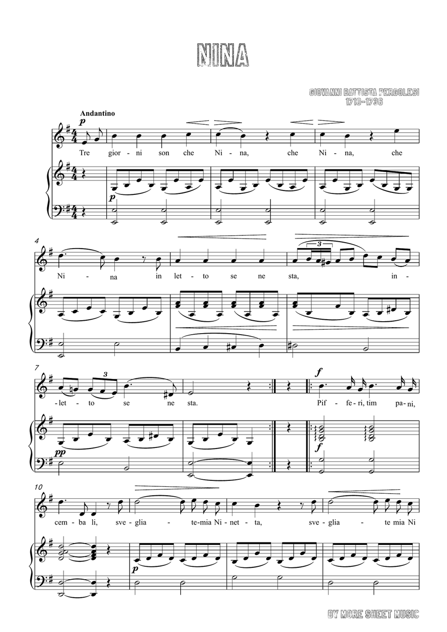 Pergolesi-Nina in e minor,for Voice and Piano Piano, Vocal scores gallery preview page 3