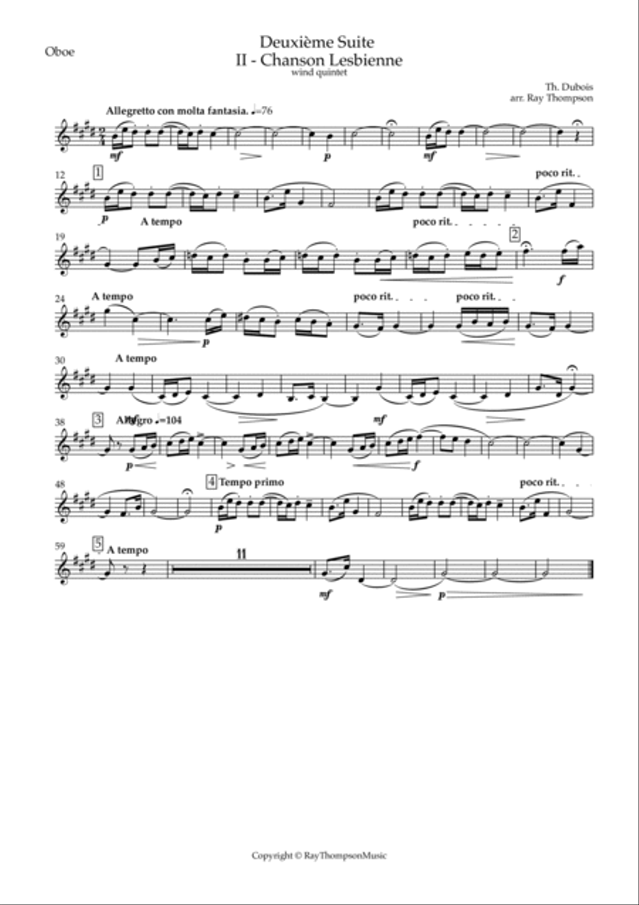 Dubois: Deuxième Suite pour Instruments à vent (2nd Suite-Winds) II.Chanson Lesbienne - wind quintet Woodwind Quintet scores gallery preview page 4