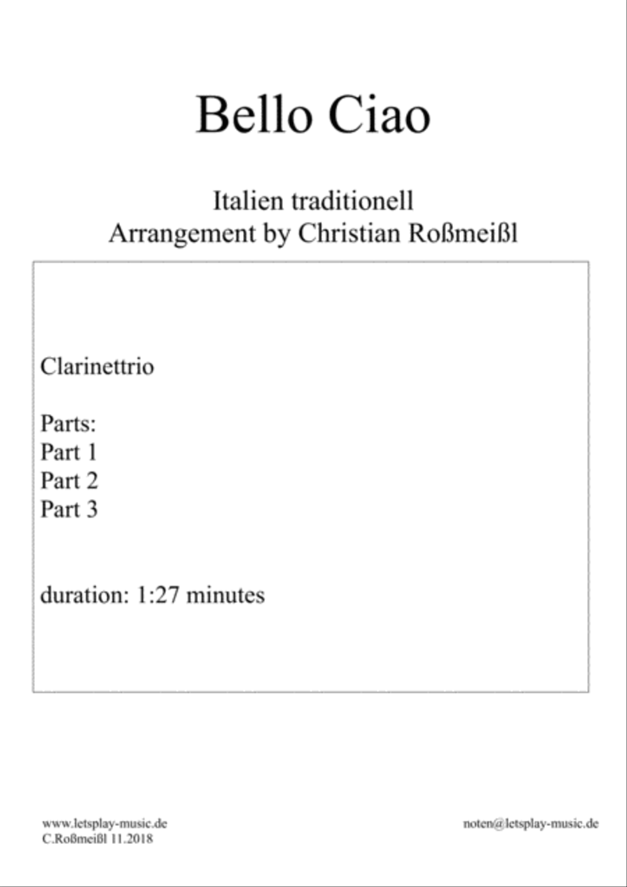 Bella Ciao for three Clarinets Clarinettrio Woodwind Trio scores gallery preview page 1