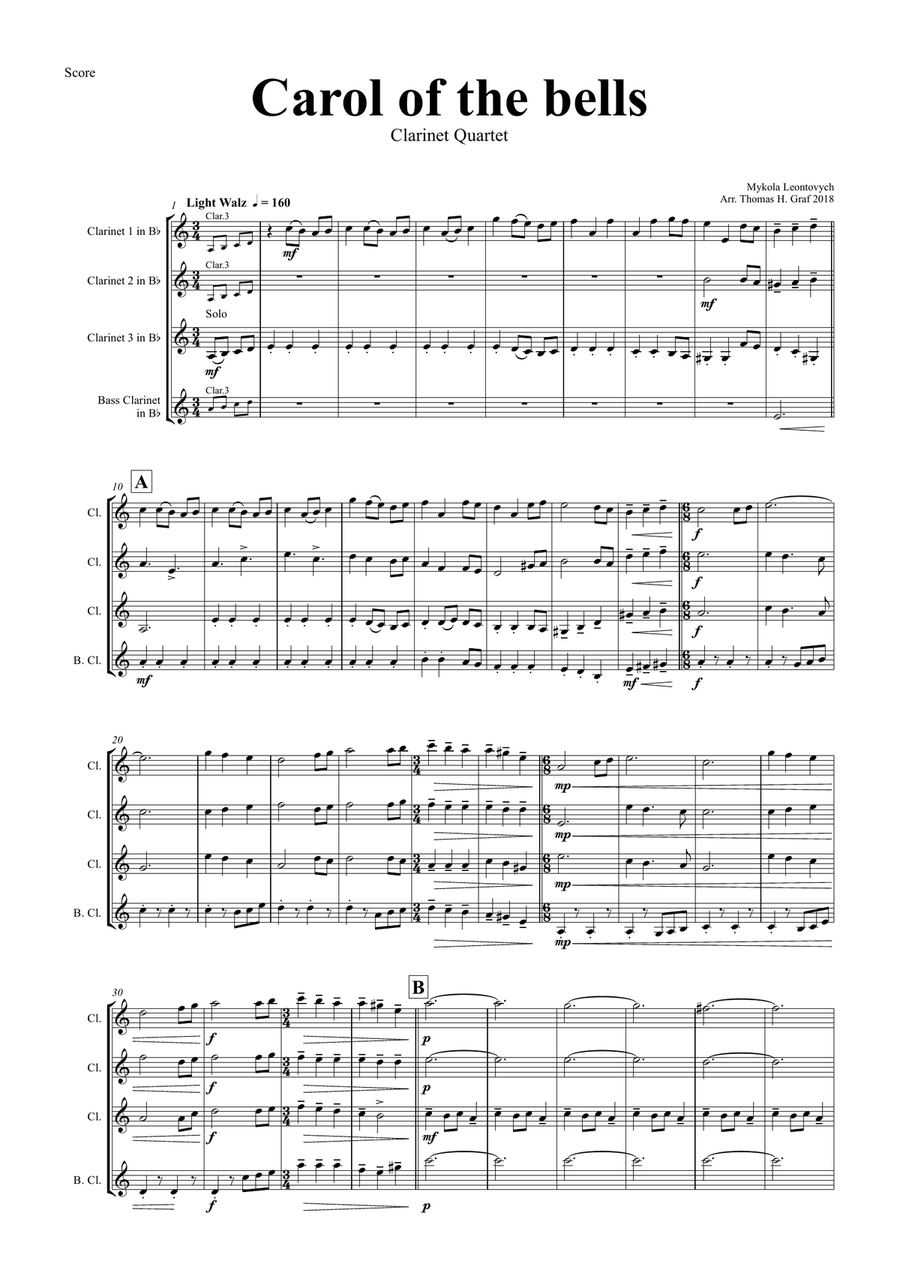 Carol of the Bells - Pentatonix style - Clarinet Quartet Clarinet Quartet scores gallery preview page 1