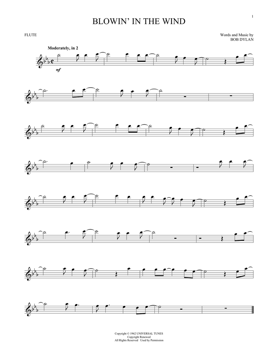 Blowin' In The Wind Flute Solo scores gallery preview page 1