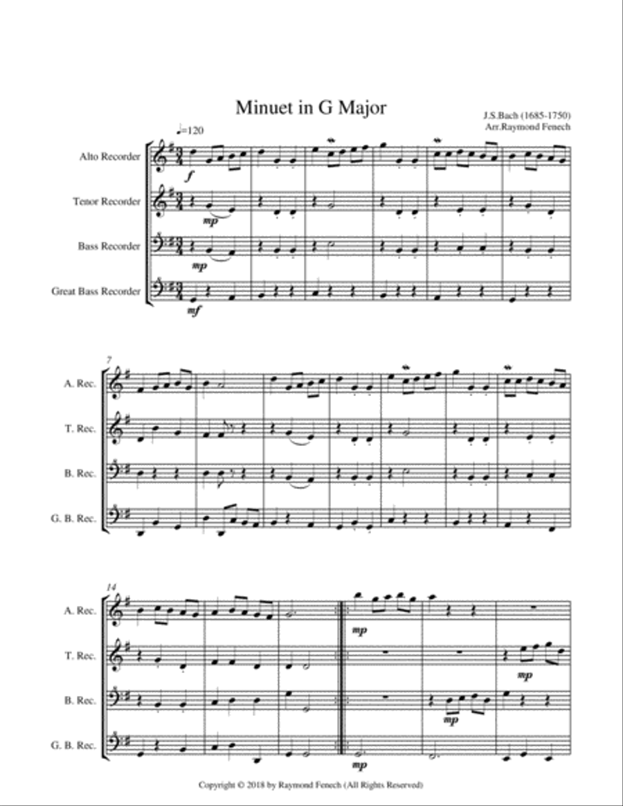 Minuet in G Major - J.S.Bach - Recorder Choir Quartet Recorder scores gallery preview page 5