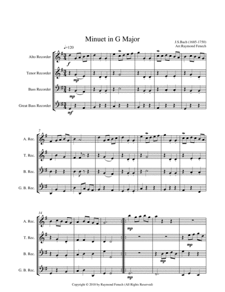 Minuet in G Major - J.S.Bach - Recorder Choir Quartet image number null