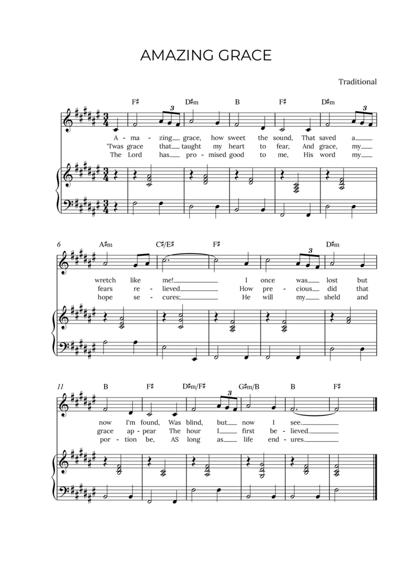 AMAZING GRACE - for piano and alto in F# major with chords image number null