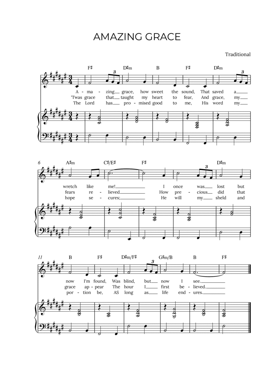 AMAZING GRACE - for piano and alto in F# major with chords Voice scores gallery preview page 1