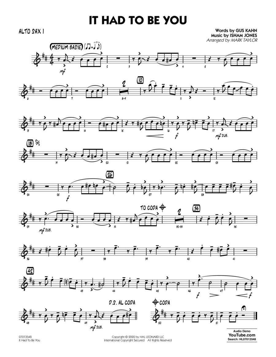It Had to Be You (arr. Mark Taylor) - Alto Sax 1