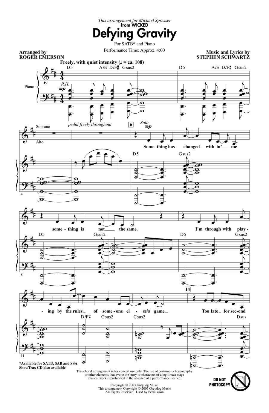 Defying Gravity (from Wicked) (arr. Roger Emerson) 4-Part scores gallery preview page 1
