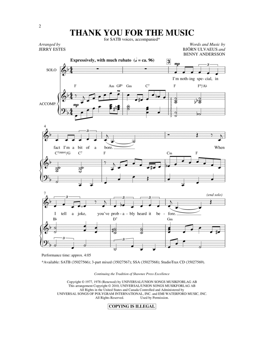 Thank You For The Music (arr. Jerry Estes) 4-Part scores gallery preview page 1