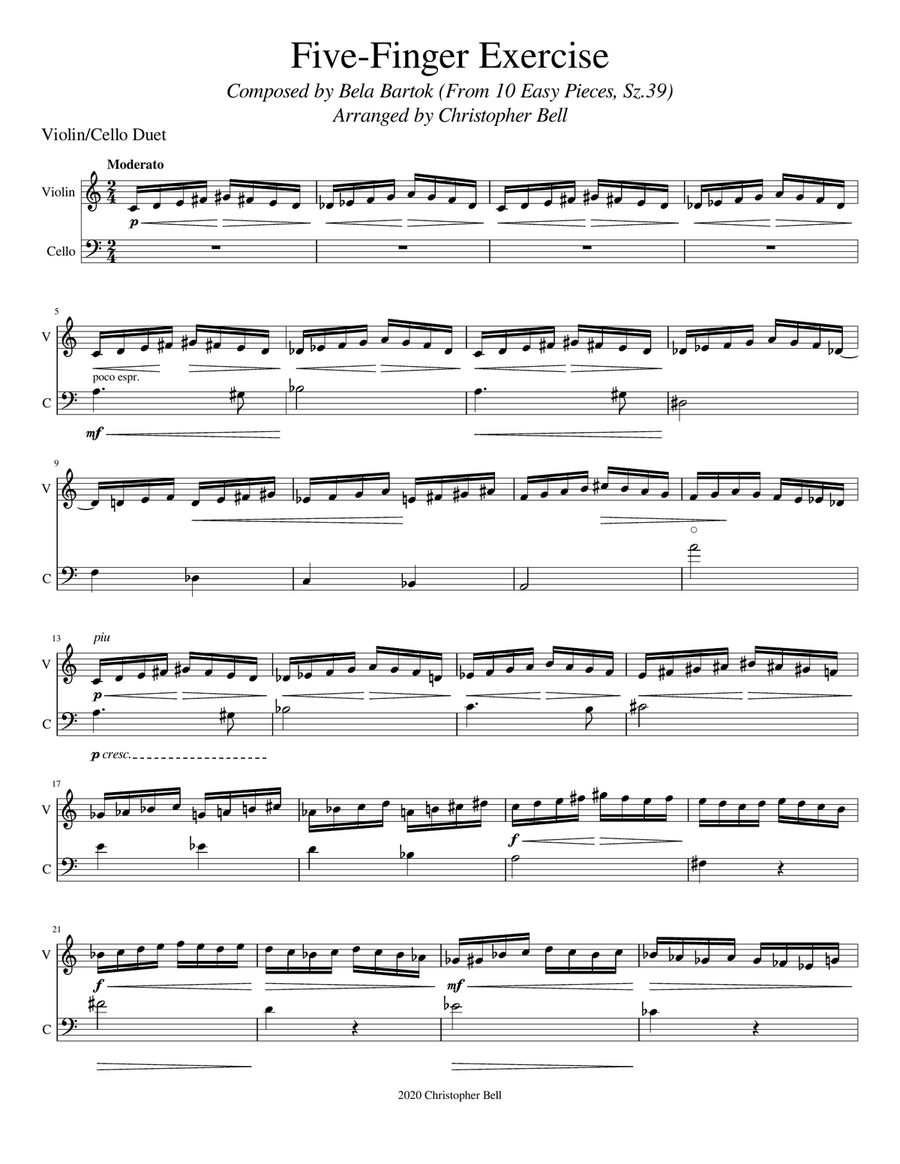 Bela Bartok - Five-Finger Exercise(From 10 Easy Pieces) - Violin/Cello Duet String Duet scores gallery preview page 2