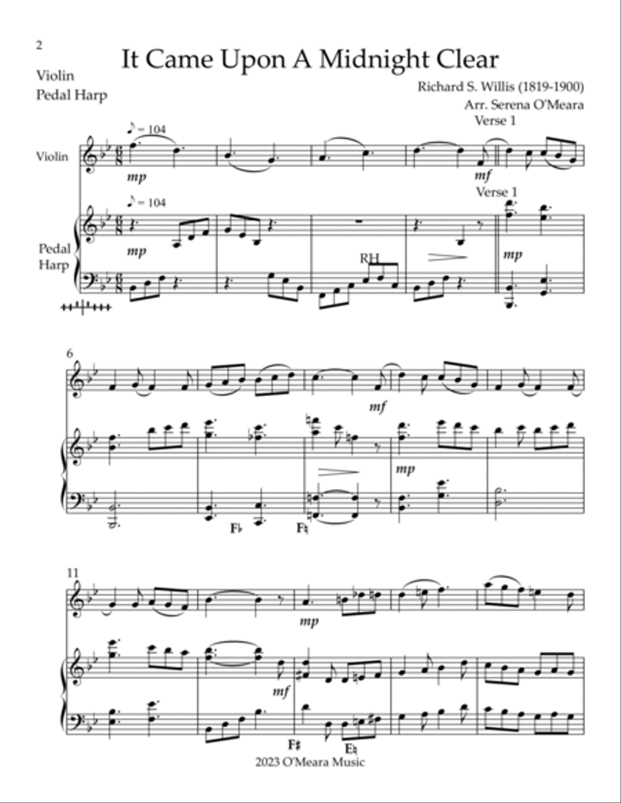 It Came Upon A Midnight Clear, Duet for Violin & Pedal Harp String Duet scores gallery preview page 2