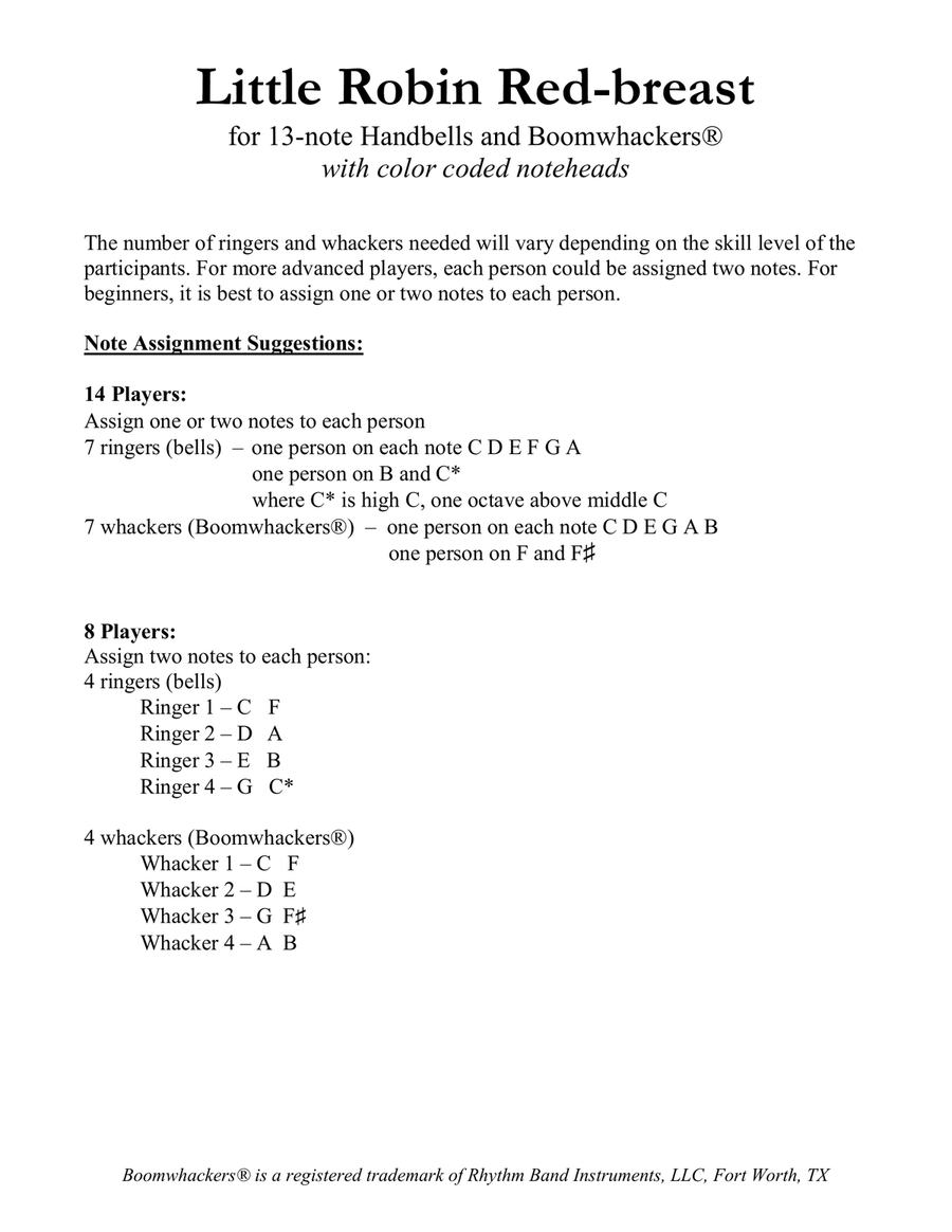 Little Robin Red-breast (for 13-note Bells and Boomwhackers with Color Coded Notes) Handbell Choir scores gallery preview page 4