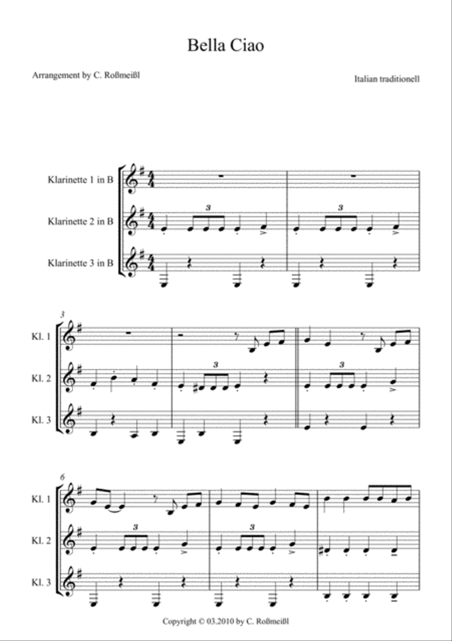 Bella Ciao for three Clarinets Clarinettrio Woodwind Trio scores gallery preview page 2