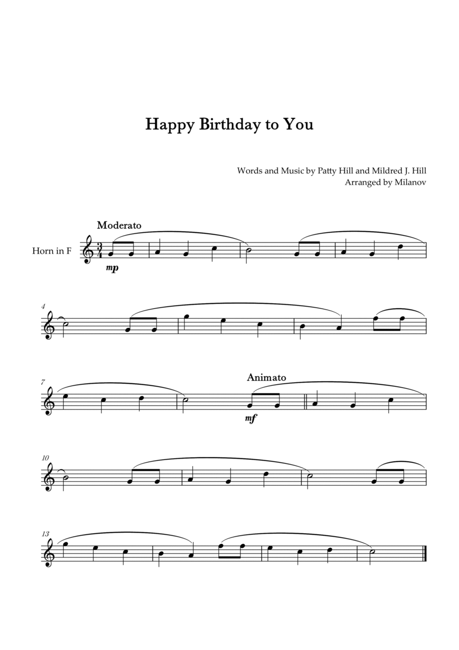 Happy Birthday to You | Horn in F | F Major Horn Solo scores gallery preview page 1