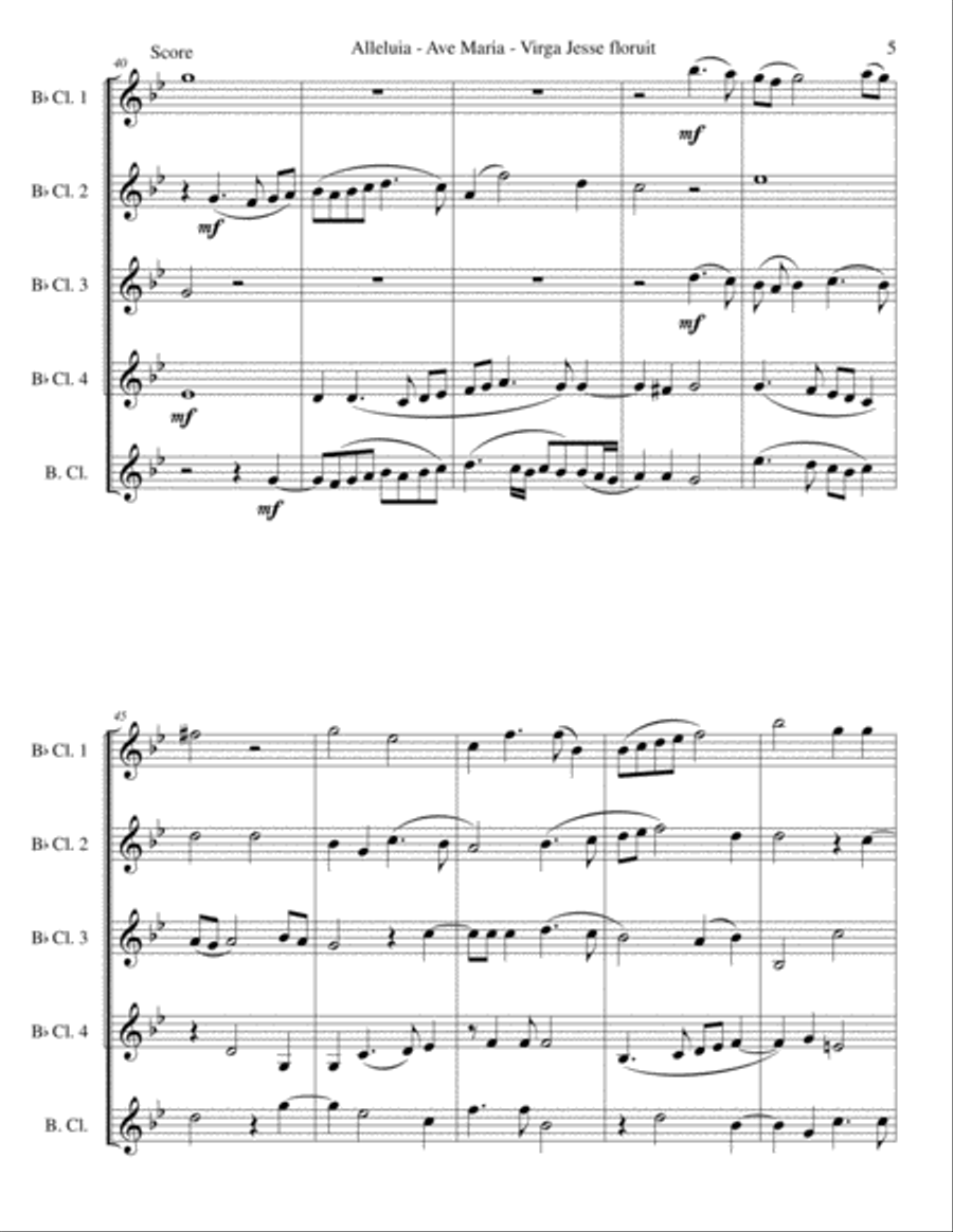 Alleluia - Ave Maria - Virga Jesse floruit arranged for clarinet quintet (4 B flats and 1 bass) Clarinet Quintet scores gallery preview page 5