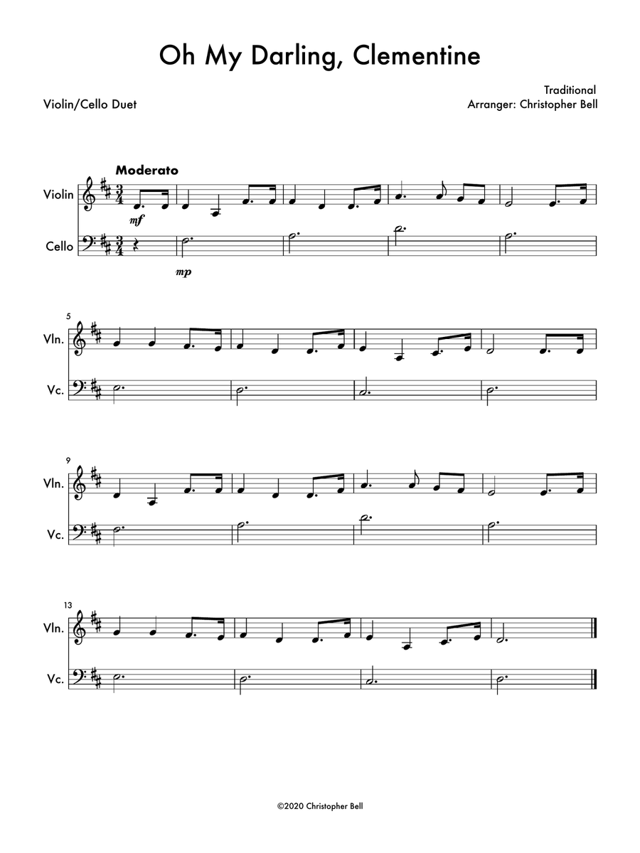 Oh My Darling, Clementine (Easy Violin/Cello Duet) String Duet scores gallery preview page 1