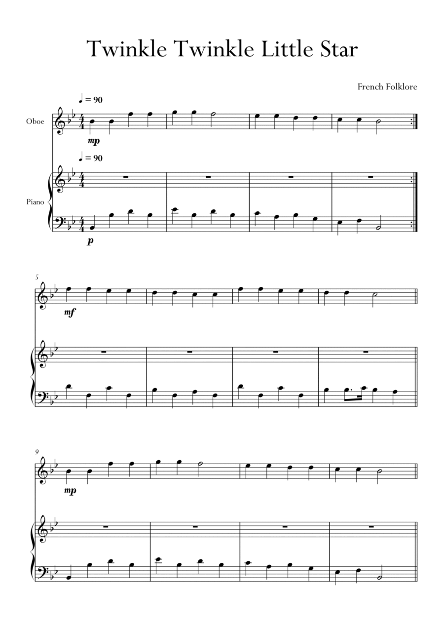 Twinkle Twinkle Little Star in Bb Major for Oboe and Piano. Very Easy. Voice scores gallery preview page 1