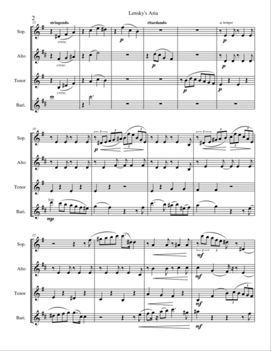 Lensky's Aria from Eugene Onegin (Version 2 SATB Saxophone Quartet features Baritone) Saxophone Quartet scores gallery preview page 4