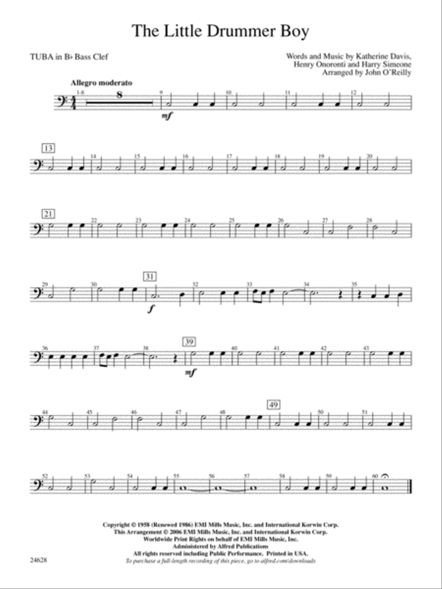 The Little Drummer Boy: (World Part) B-flat Tuba B.C. Concert Band scores gallery preview page 1