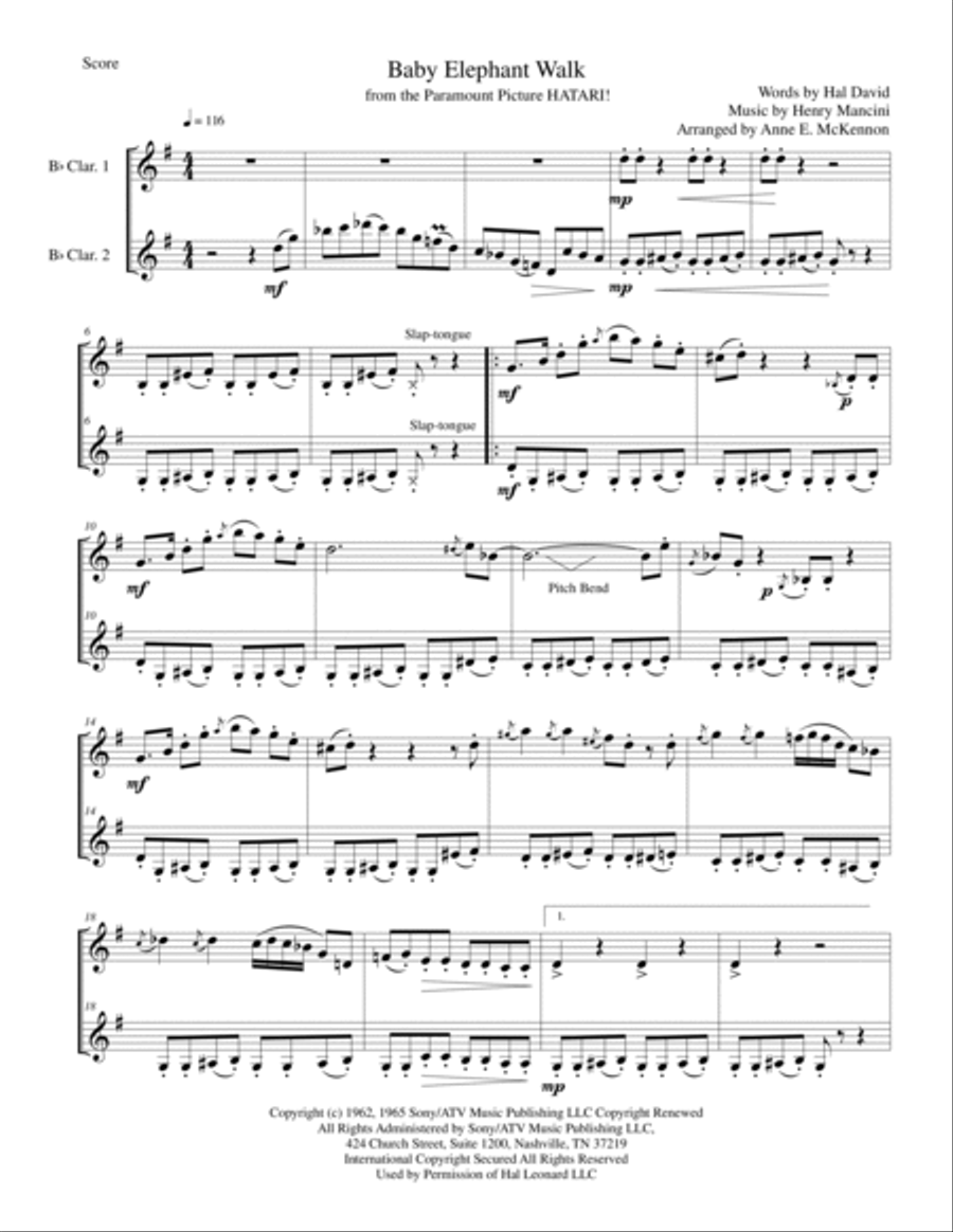 Baby Elephant Walk from the Paramount Picture HATARI! Clarinet Duet scores gallery preview page 2