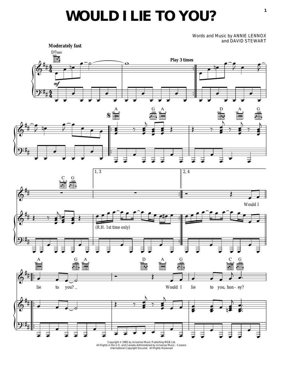 Would I Lie To You? Piano, Vocal, Guitar scores gallery preview page 1