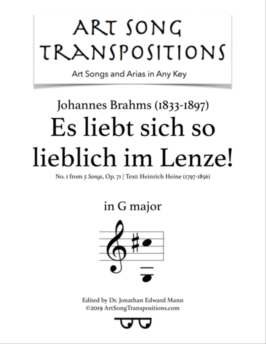 BRAHMS: Es liebt sich so lieblich im Lenze! Op. 71 no. 1 (transposed to G major) Voice scores gallery preview page 1