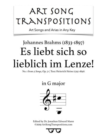 BRAHMS: Es liebt sich so lieblich im Lenze! Op. 71 no. 1 (transposed to G major)