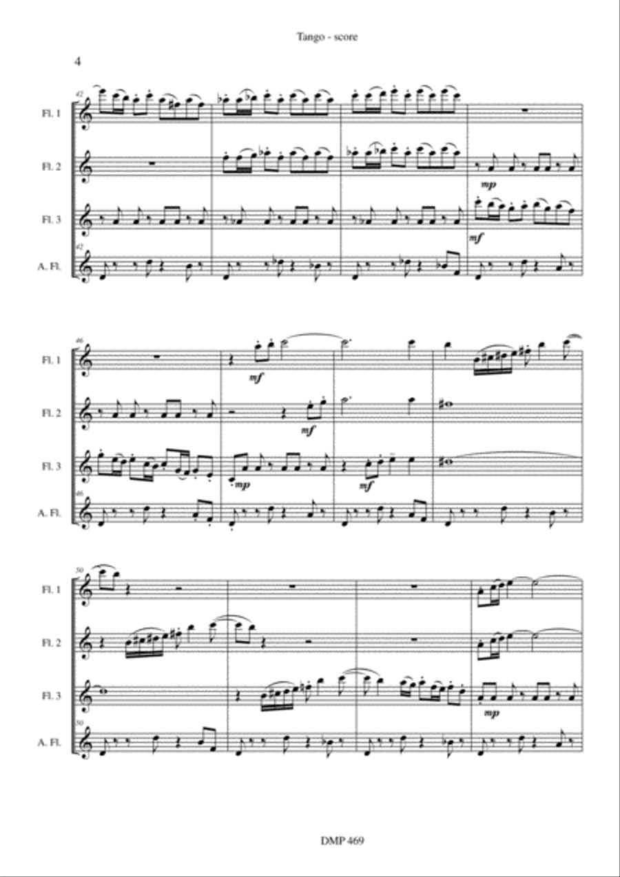 Tango (3 flutes & alto flute) Woodwind Quartet scores gallery preview page 4