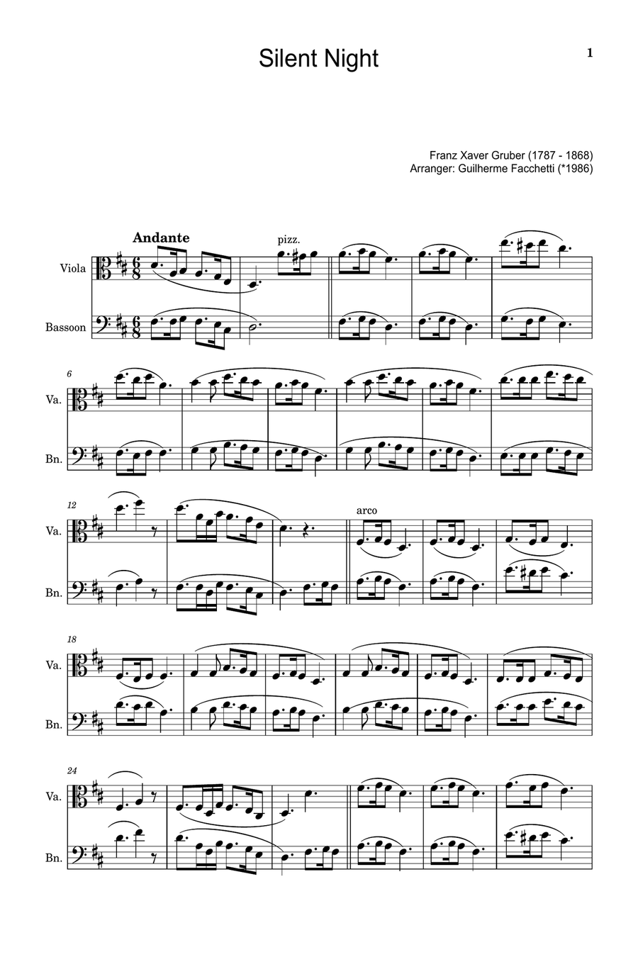 Silent Night - Arranged for Viola and Bassoon. Chamber Music scores gallery preview page 1