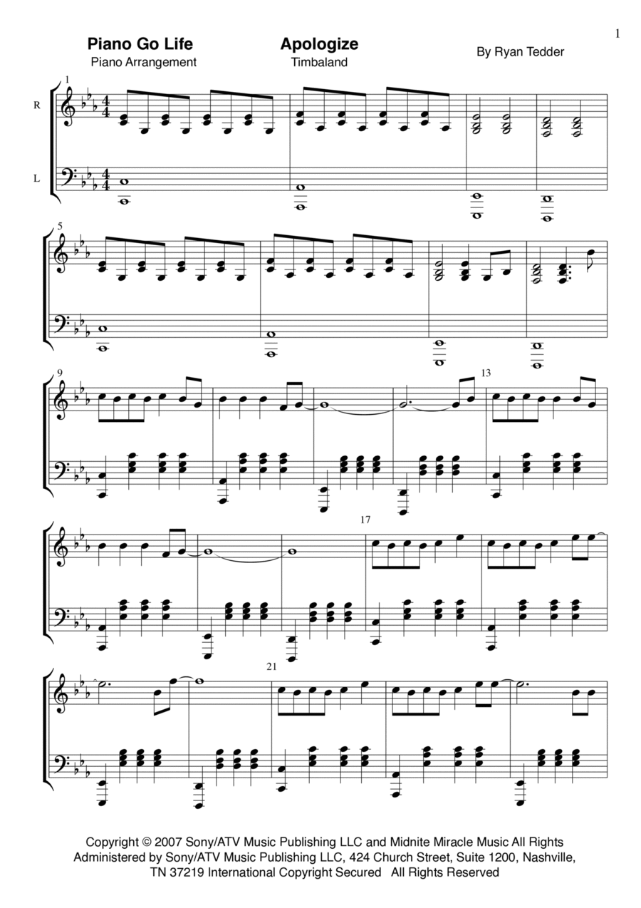 Apologize Apologize Piano Solo scores gallery preview page 1