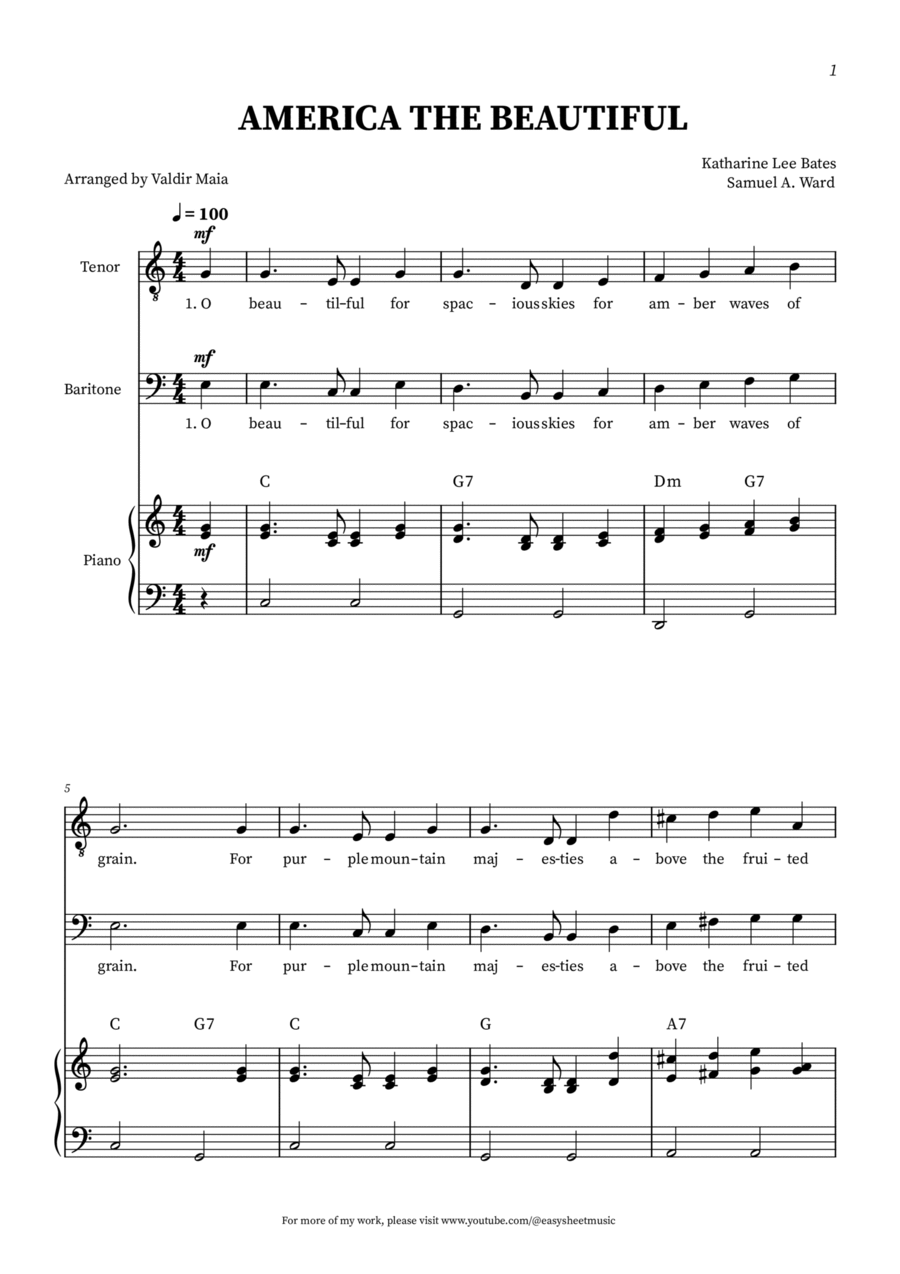 America The Beautiful - Tenor and Baritone (with piano accompaniment + CHORDS) TB scores gallery preview page 1
