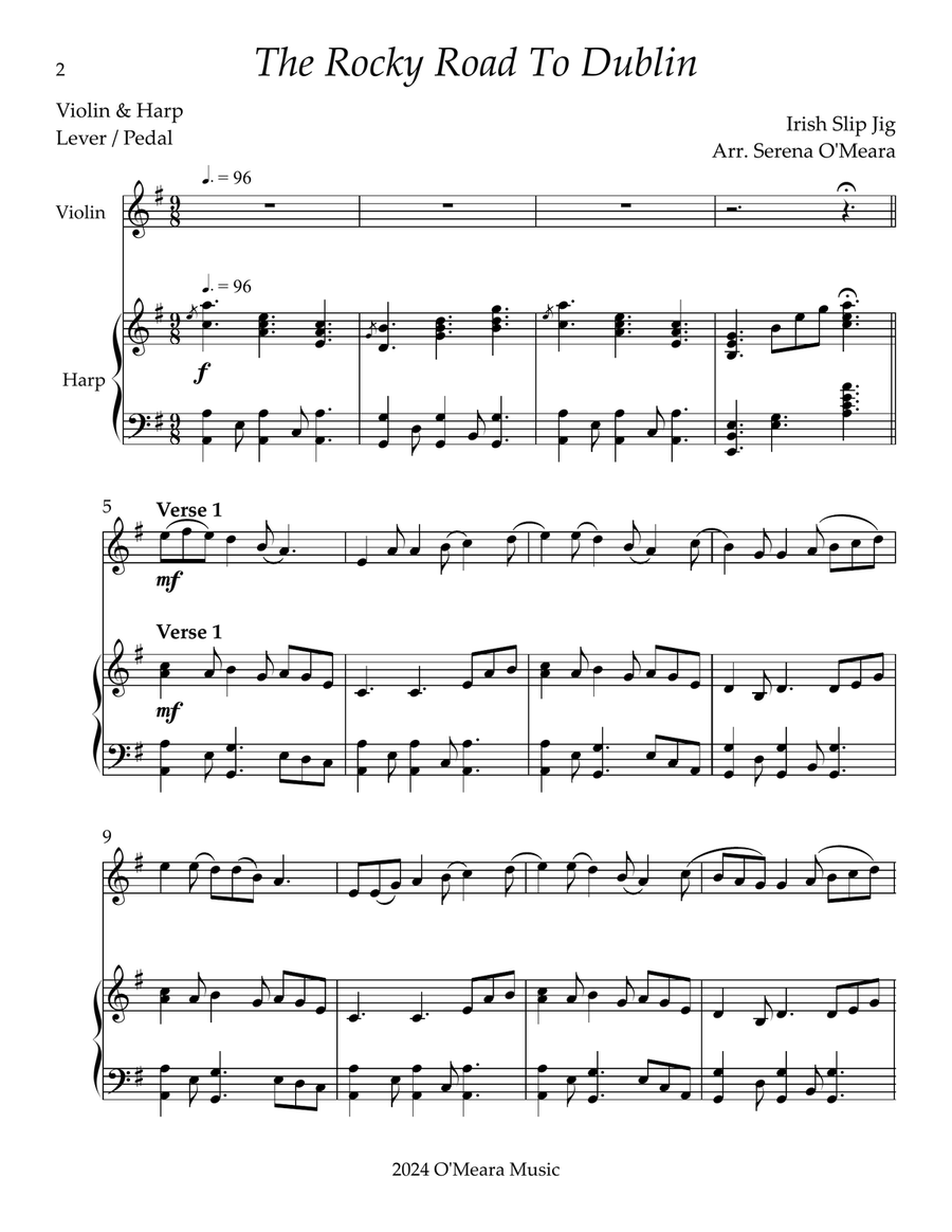 The Rocky Road to Dublin, Duet for Violin & Harp