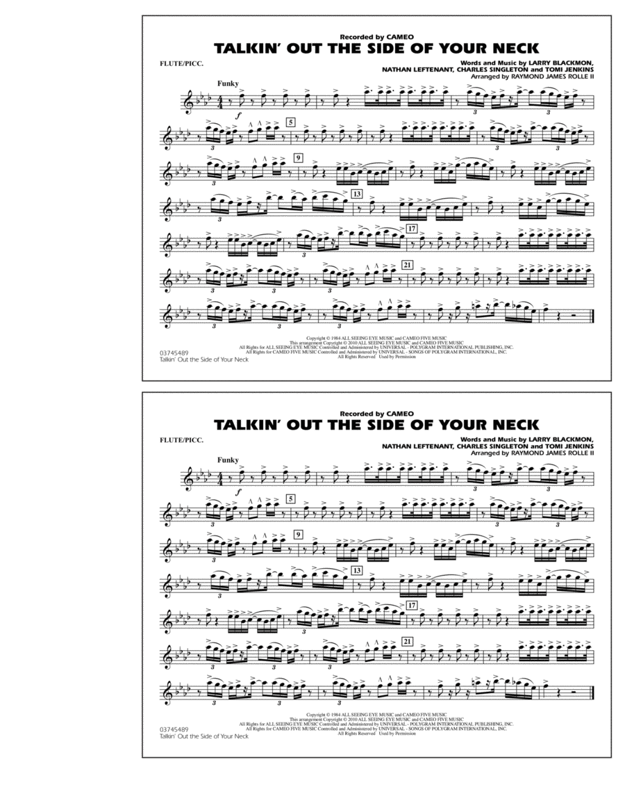 Talkin' Out The Side Of Your Neck - Flute/Piccolo Marching Band scores gallery preview page 1