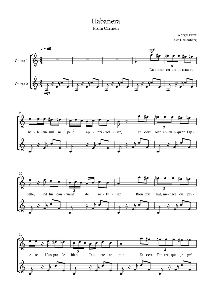 Habanera from Carmen for Guitar Duo. Acoustic Guitar scores gallery preview page 1