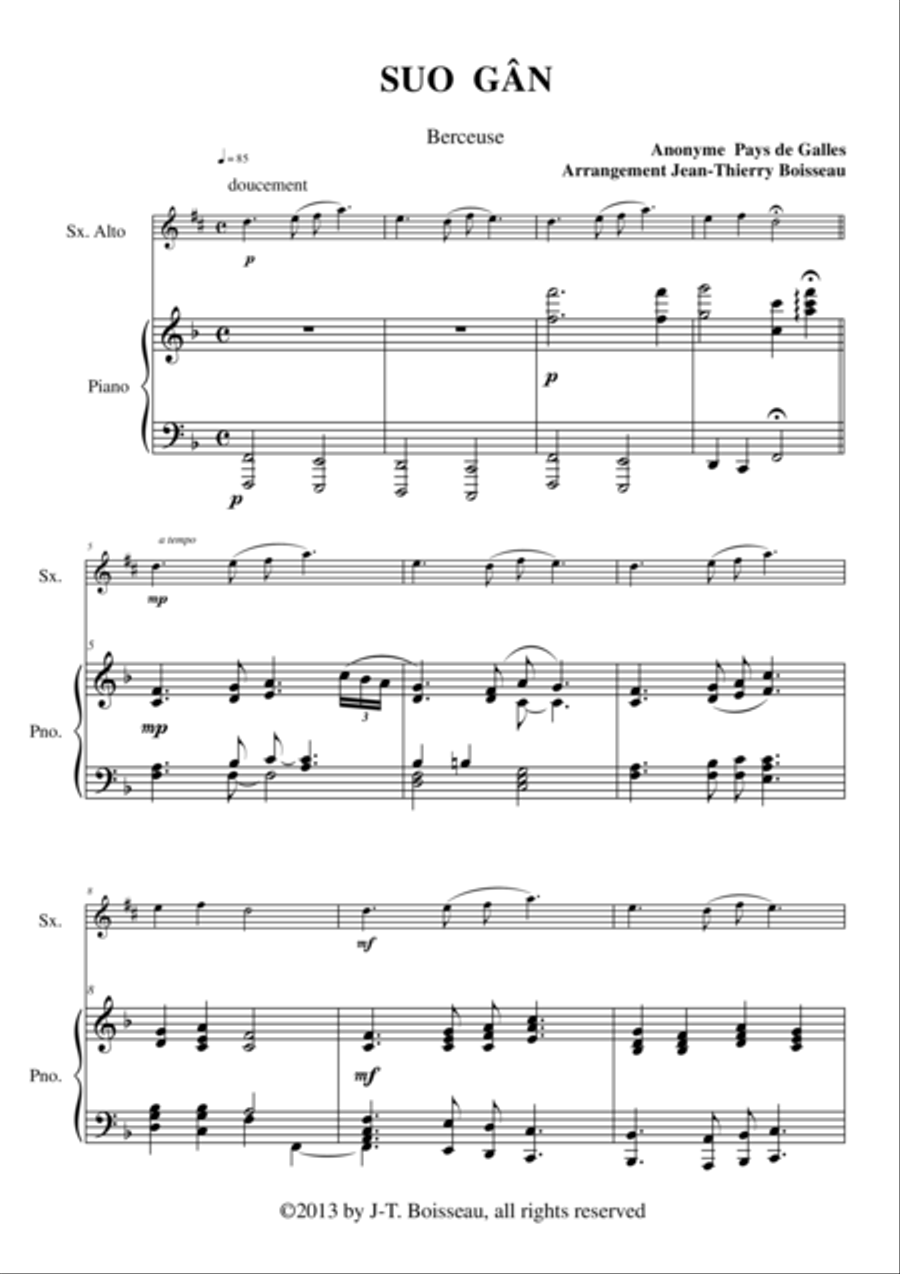 Traditional Welsh Lullaby: Suo Gân, arranged for Eb alto saxophone and piano by Jean-Thierry Boissea Alto Saxophone scores gallery preview page 3