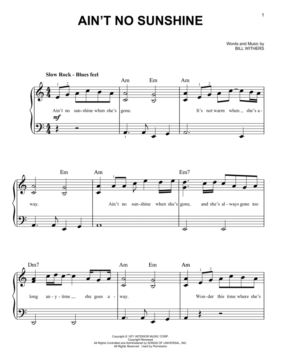 Ain't No Sunshine Easy Piano scores gallery preview page 1