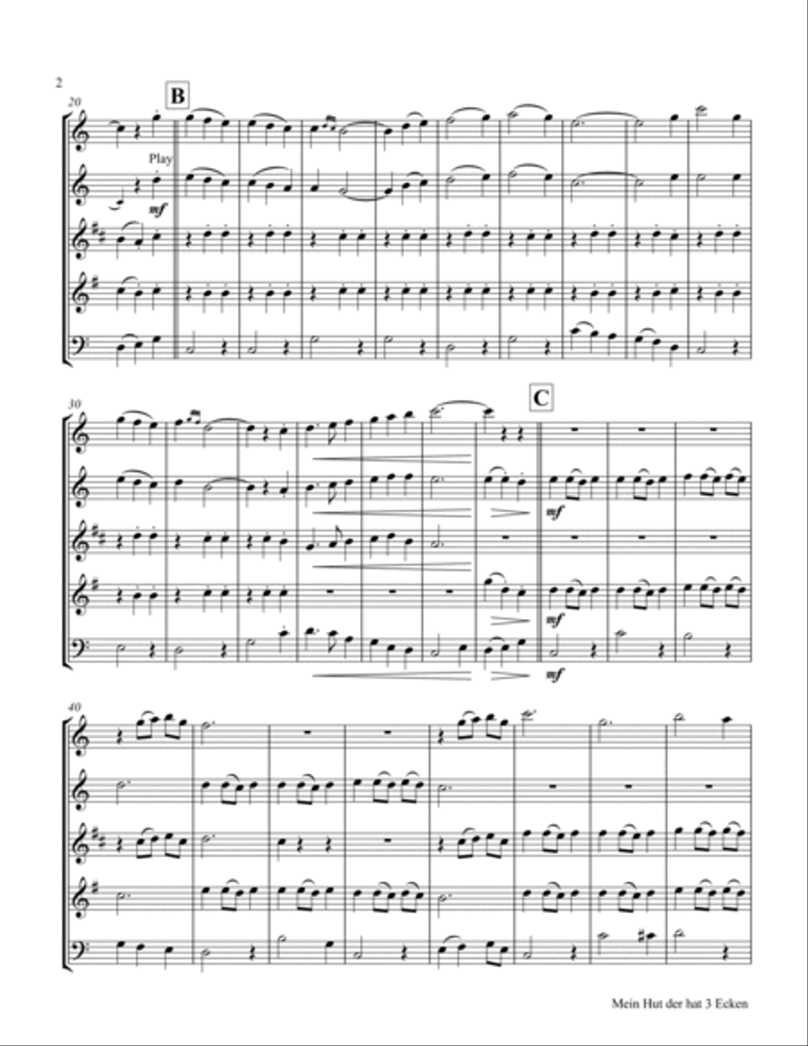 Mein Hut der hat 3 Ecken (My hat, it has three corners) - Folk - Wind Quintet Woodwind Quintet scores gallery preview page 2