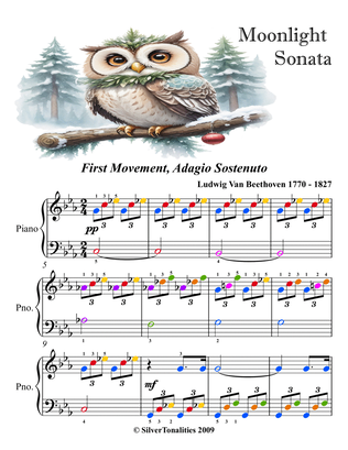 Moonlight Sonata 1st Mvt Easy Elementary Piano Sheet Music with Colored Notation