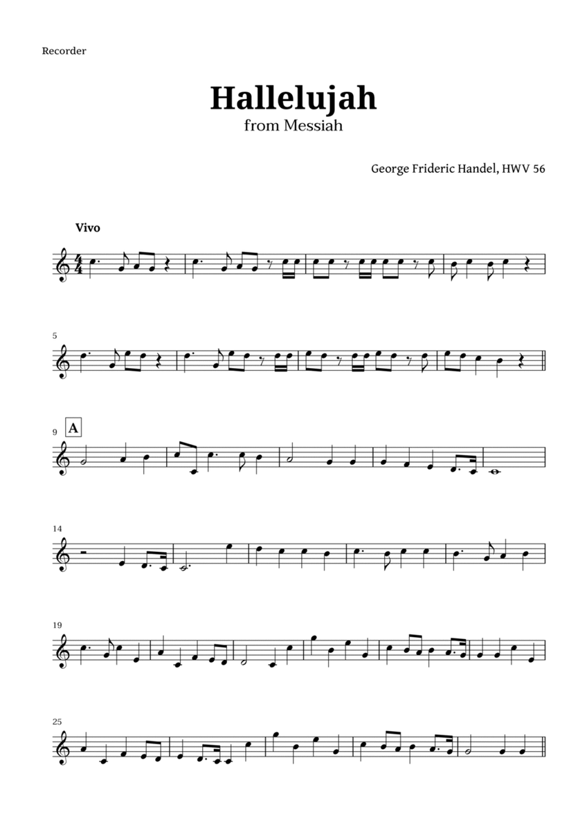 Hallelujah by Handel for Recorder image number null
