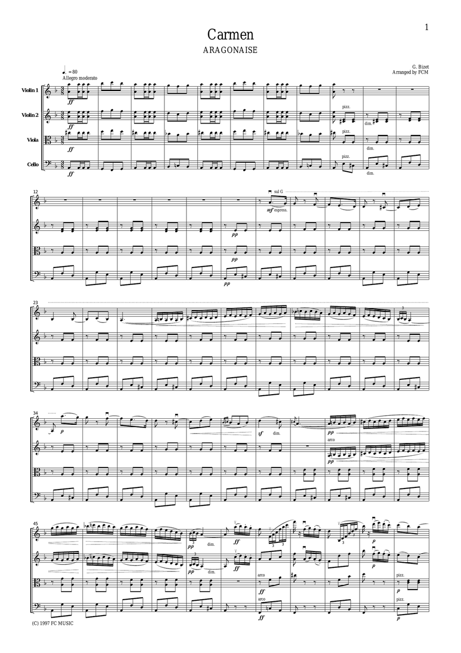 Bizet Aragonaise from Carmen, for string quartet, CB101 String Quartet scores gallery preview page 1